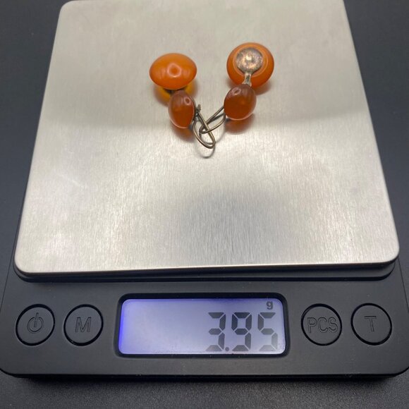 Vtg Baltic Amber Earrings Soviet 875 Silver USSR Hallmark Mid Century Hinge Back - Picture 12 of 16